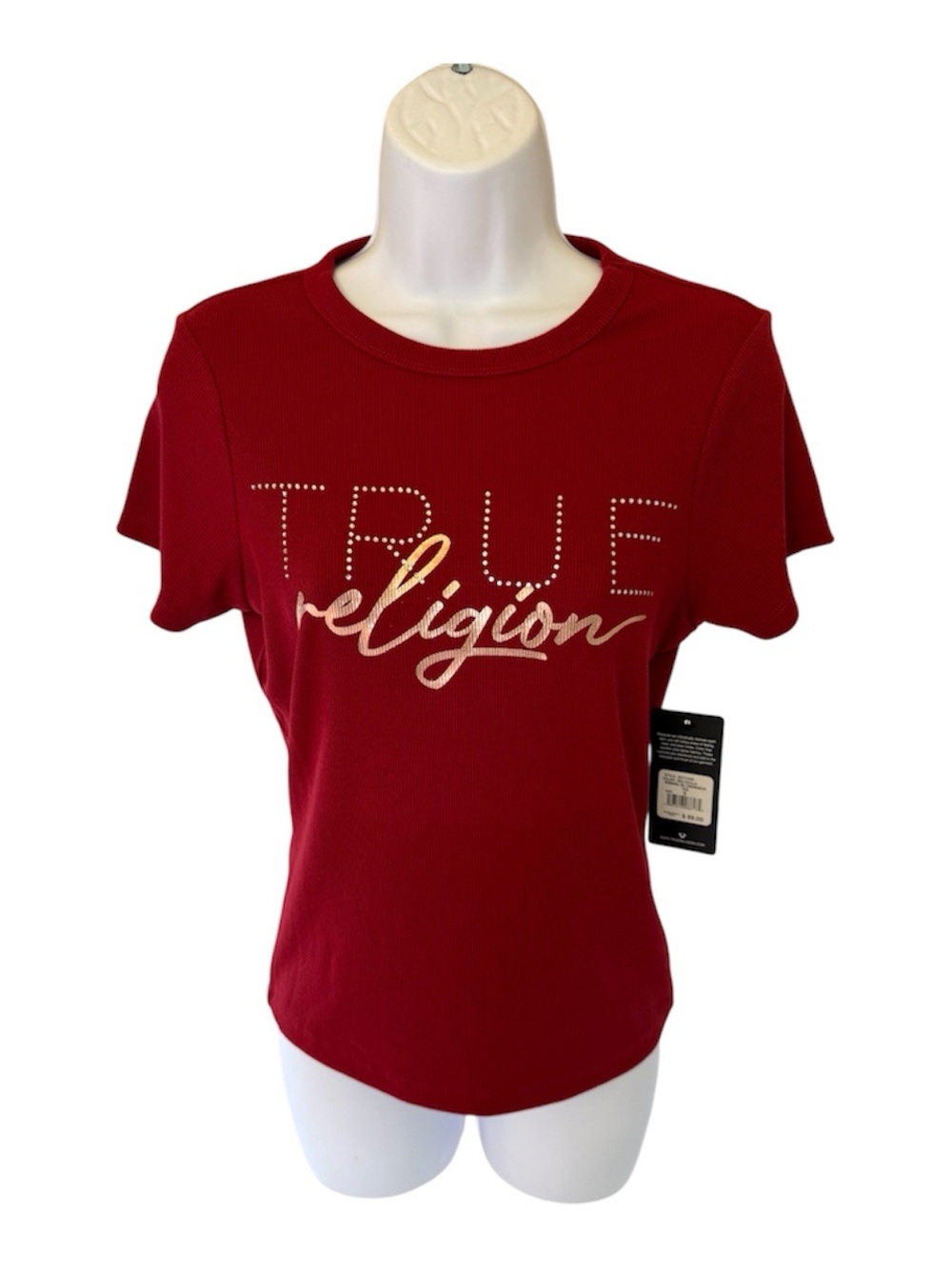 NWT True Religion Ribbed Logo Tee Small Red Dahlia Crewneck Stretch T-Shirt